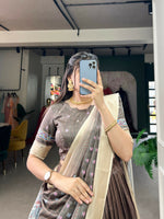 Thumbnail for Vastranavya Kalamkari Print With Weaving Border Lehenga with Unstitched Blouse - Brown - Distacart