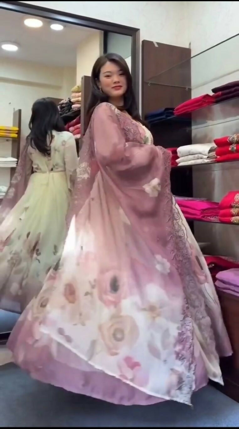 Teeya Creation Multi Color Faux Georgette Digital print With Embroidery Gown