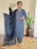 Thumbnail for The52 Women's Muslin hand Embroidered Straight Kurta, Pant and Dupatta Set