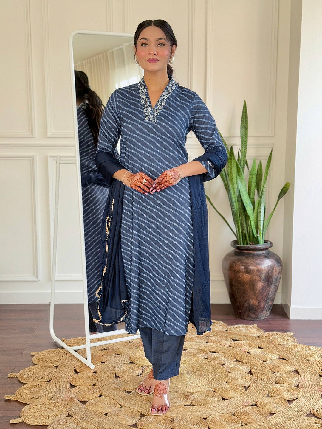 The52 Women's Muslin hand Embroidered Straight Kurta, Pant and Dupatta Set