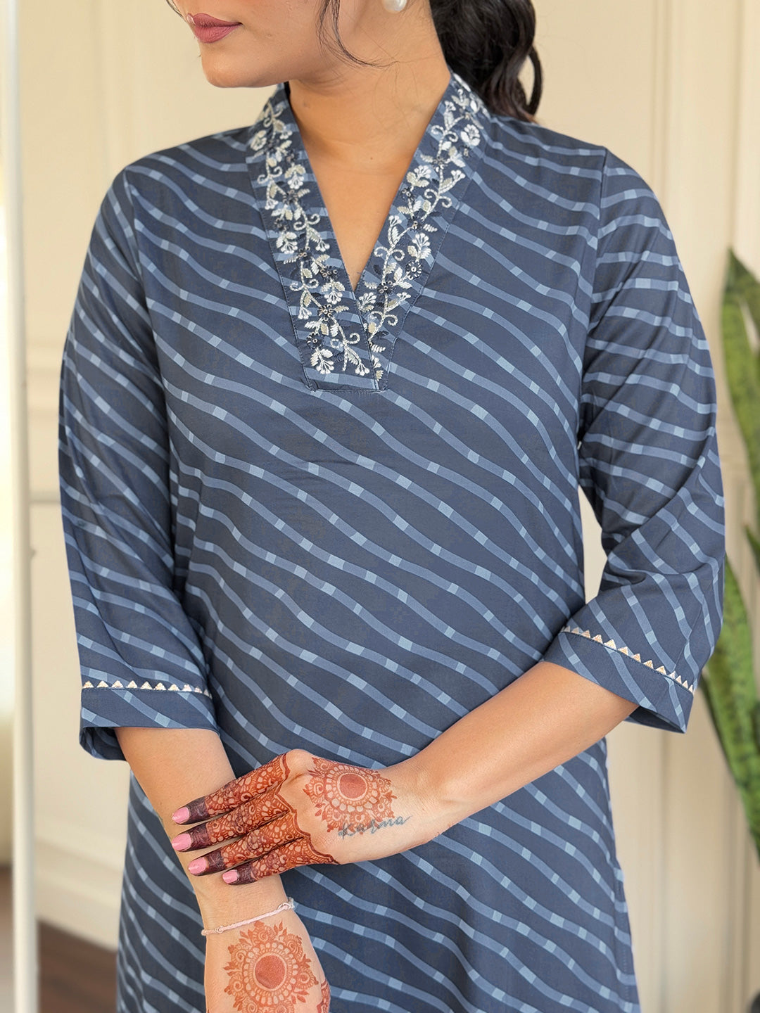 The52 Women's Muslin hand Embroidered Straight Kurta, Pant and Dupatta Set