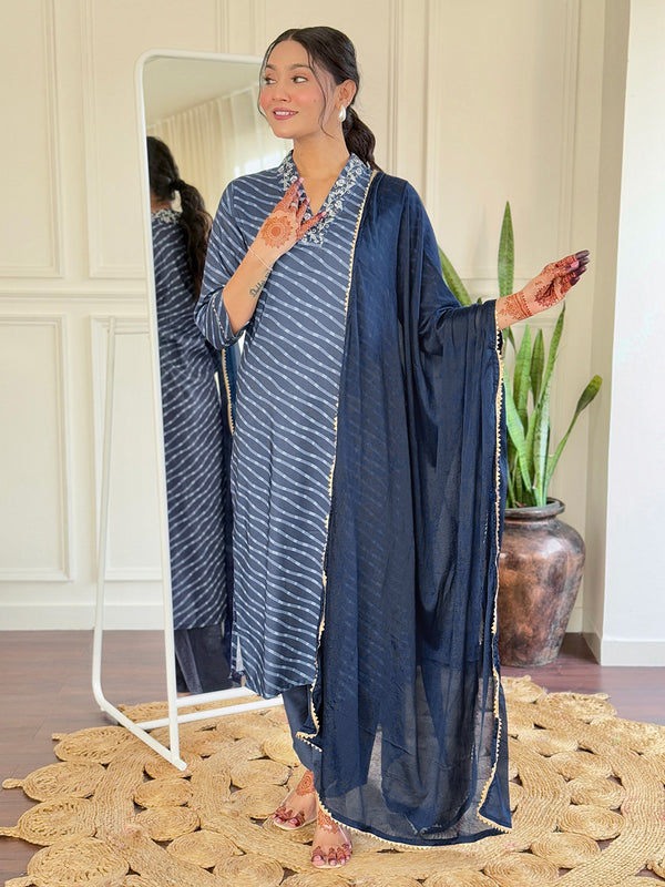 The52 Women's Muslin hand Embroidered Straight Kurta, Pant and Dupatta Set