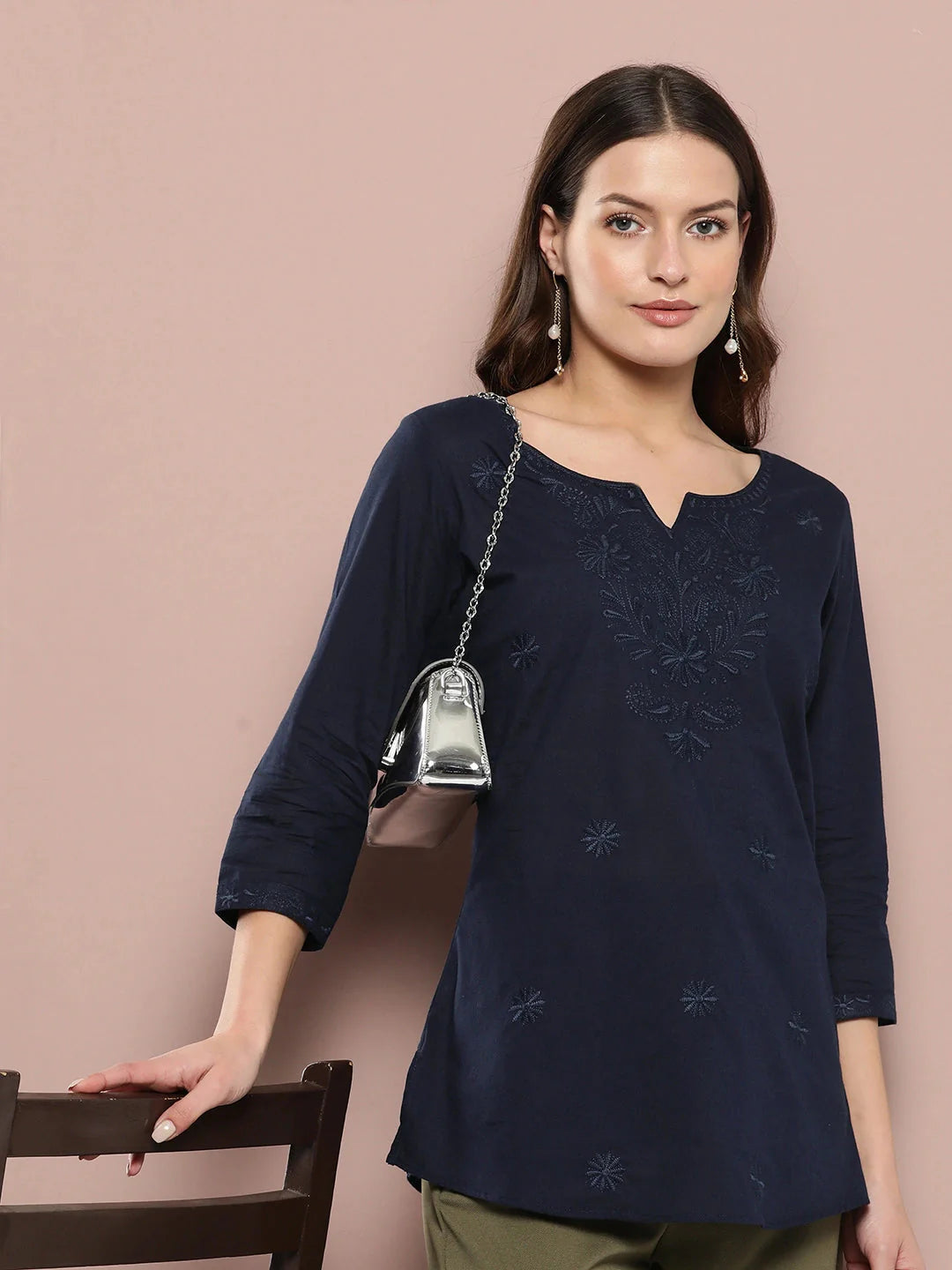 Yufta Navy Blue Floral Chikankari Embroidered Pure Cotton Top - Distacart