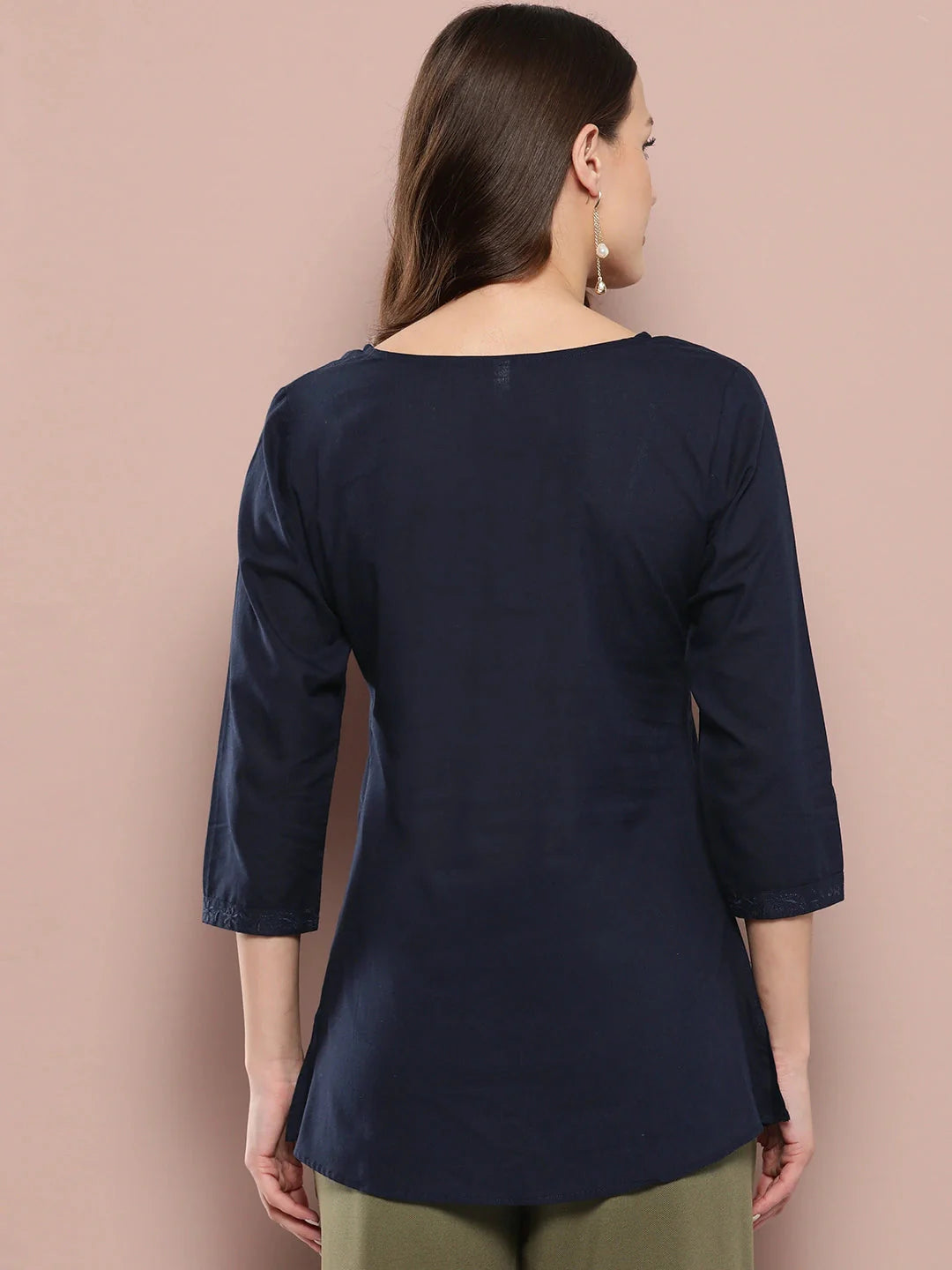 Yufta Navy Blue Floral Chikankari Embroidered Pure Cotton Top - Distacart