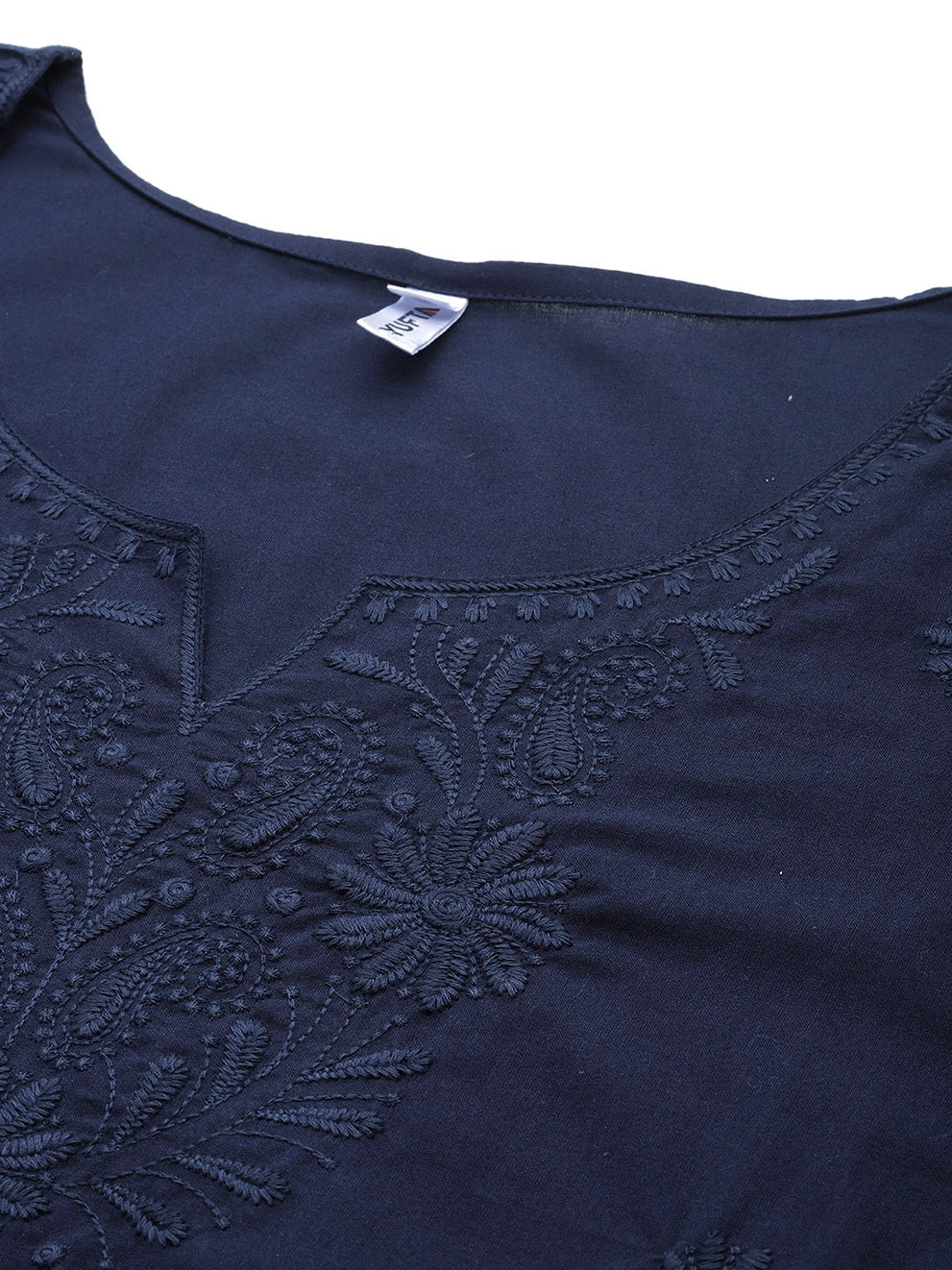 Yufta Navy Blue Floral Chikankari Embroidered Pure Cotton Top - Distacart