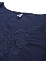 Thumbnail for Yufta Navy Blue Floral Chikankari Embroidered Pure Cotton Top - Distacart