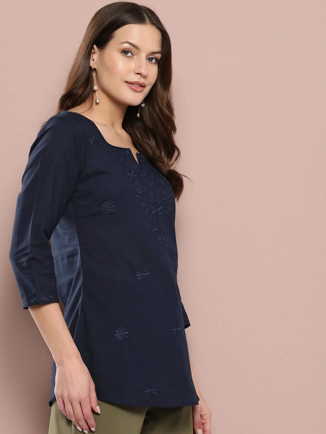 Yufta Navy Blue Floral Chikankari Embroidered Pure Cotton Top - Distacart