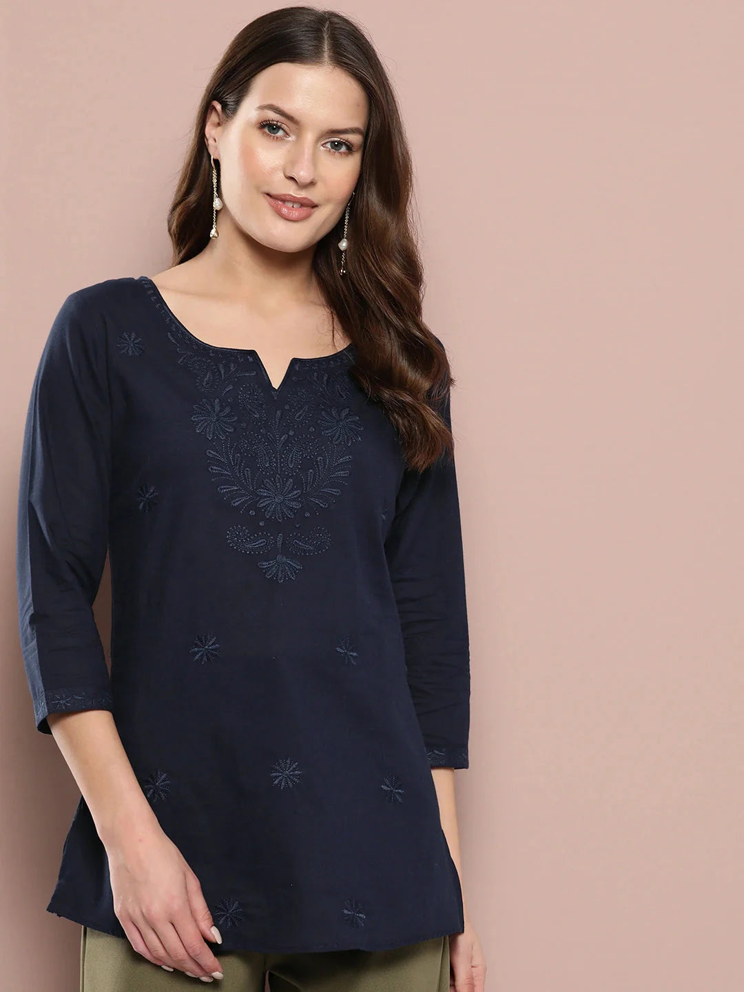 Yufta Navy Blue Floral Chikankari Embroidered Pure Cotton Top - Distacart