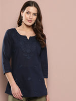 Thumbnail for Yufta Navy Blue Floral Chikankari Embroidered Pure Cotton Top - Distacart