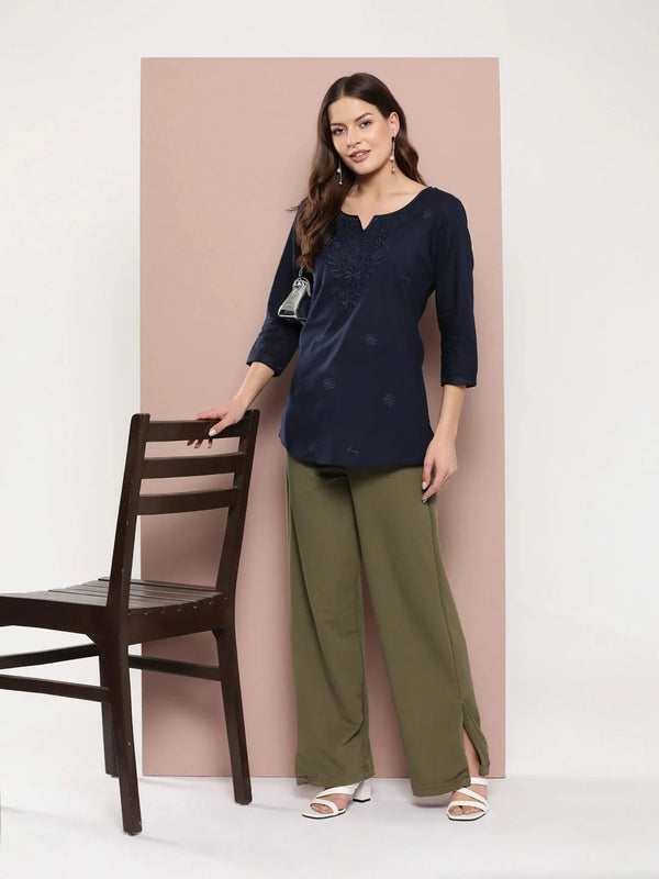 Yufta Navy Blue Floral Chikankari Embroidered Pure Cotton Top - Distacart