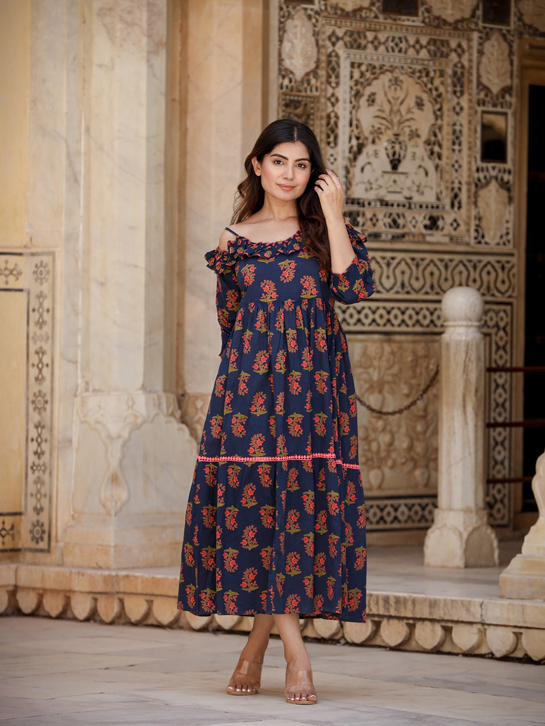 Yufta Navy Blue Floral Printed Dress - Distacart
