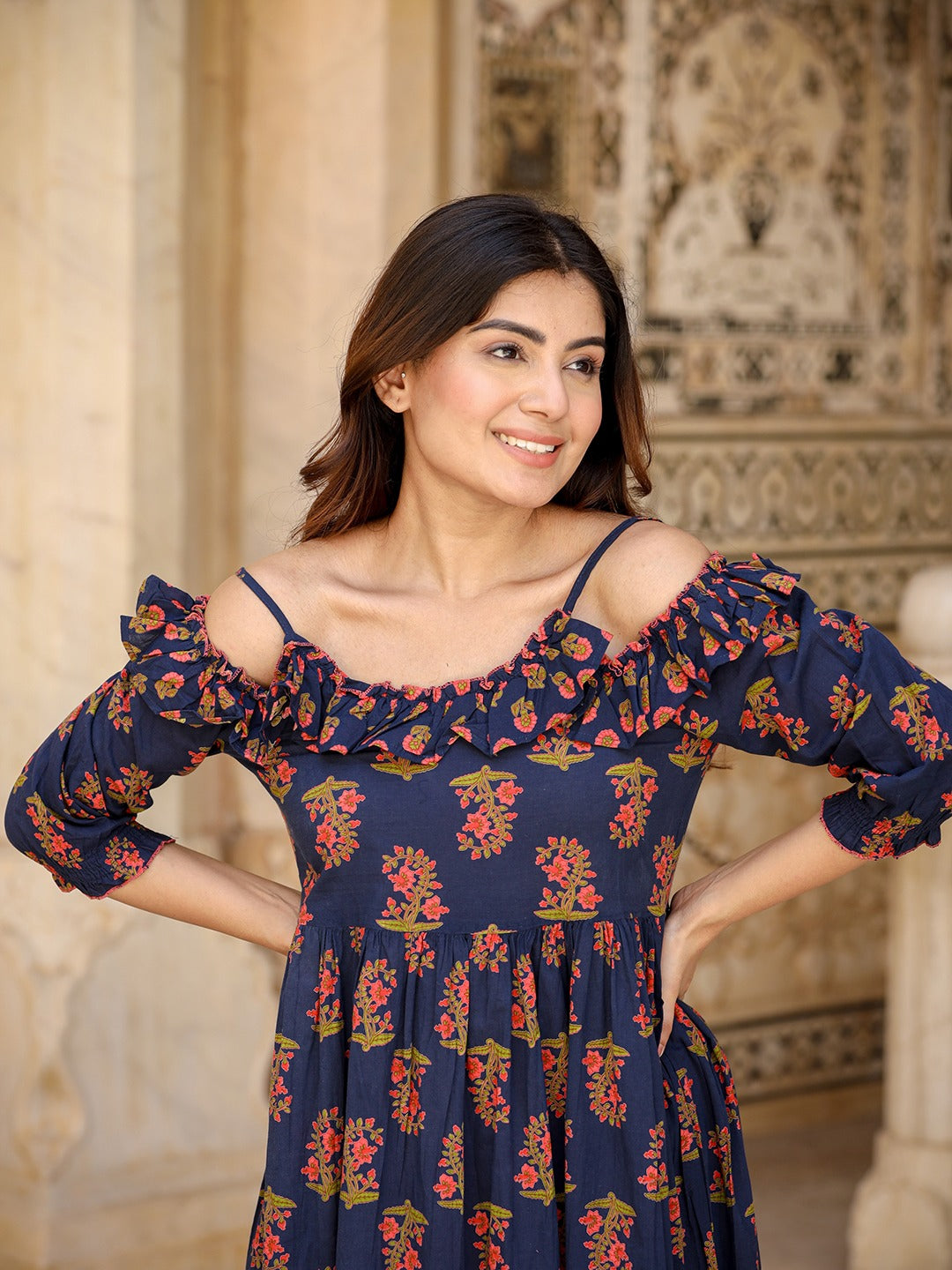 Yufta Navy Blue Floral Printed Dress - Distacart