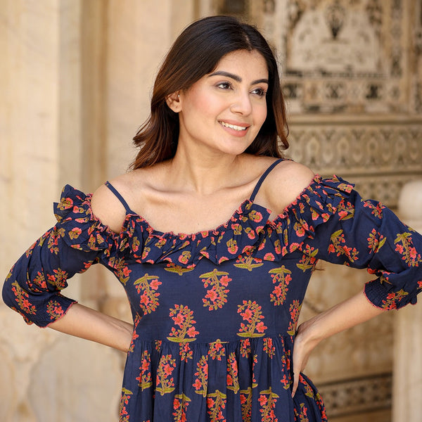 Yufta Navy Blue Floral Printed Dress - Distacart