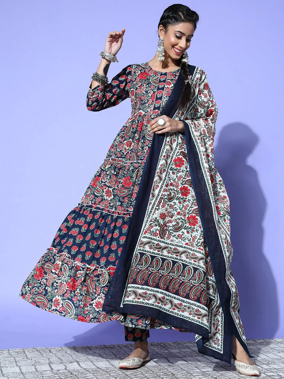 Yufta Navy Blue Printed Cotton Dupatta Set - Distacart