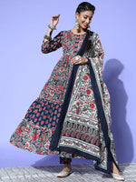 Thumbnail for Yufta Navy Blue Printed Cotton Dupatta Set - Distacart