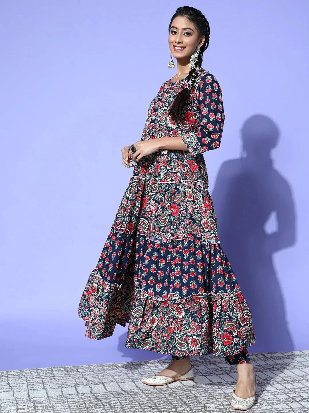 Yufta Navy Blue Printed Cotton Dupatta Set - Distacart