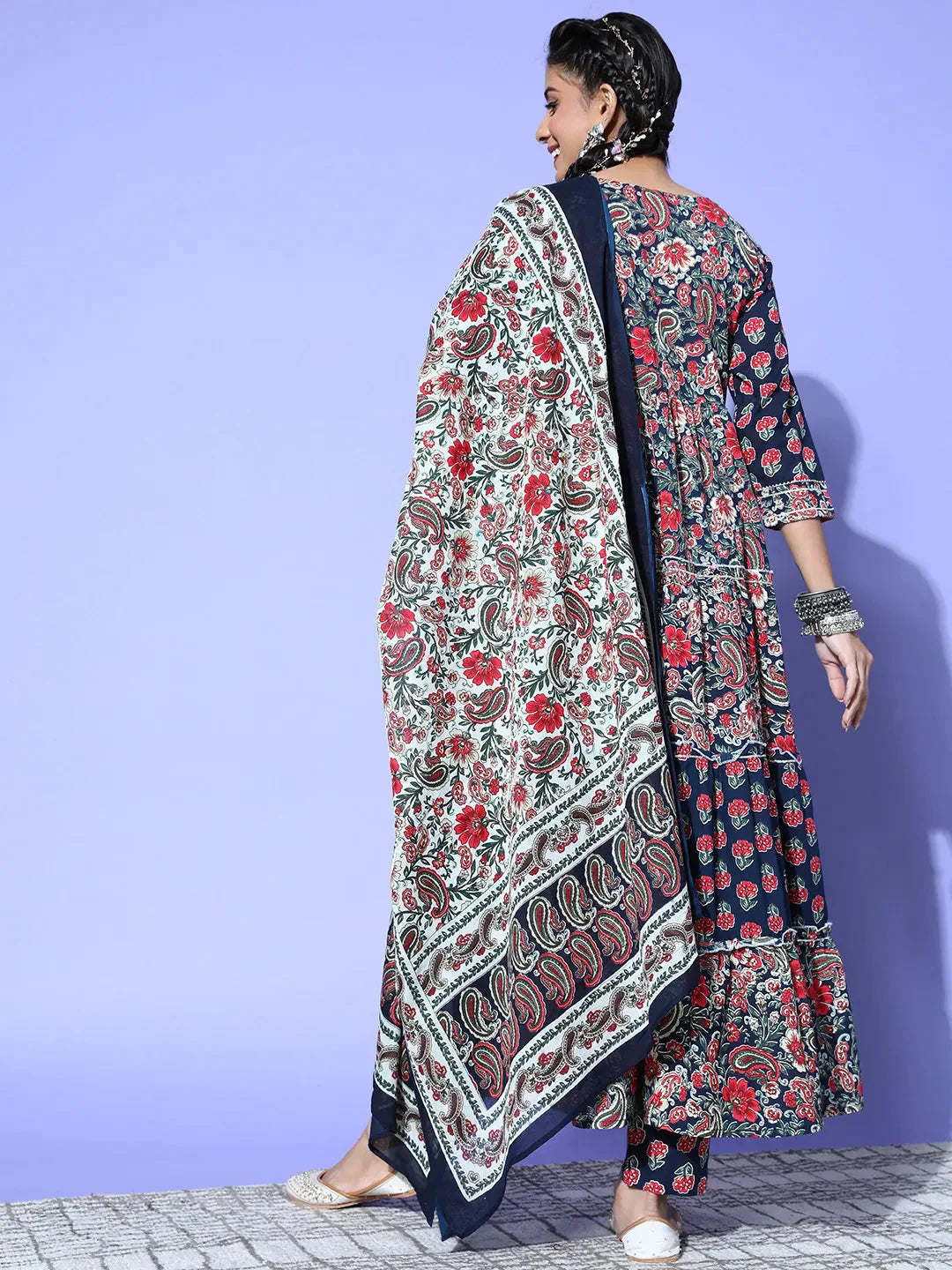 Yufta Navy Blue Printed Cotton Dupatta Set - Distacart