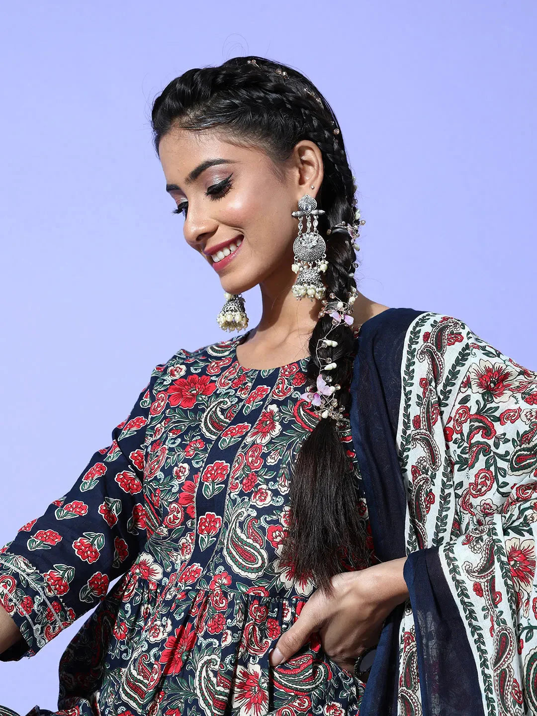 Yufta Navy Blue Printed Cotton Dupatta Set - Distacart