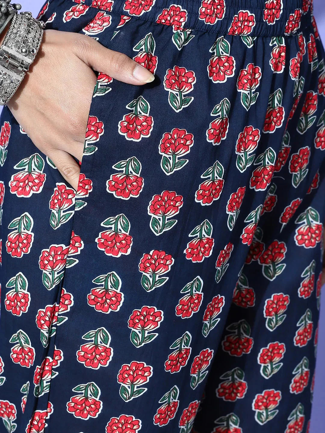 Yufta Navy Blue Printed Cotton Dupatta Set - Distacart