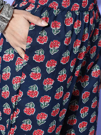 Yufta Navy Blue Printed Cotton Dupatta Set - Distacart