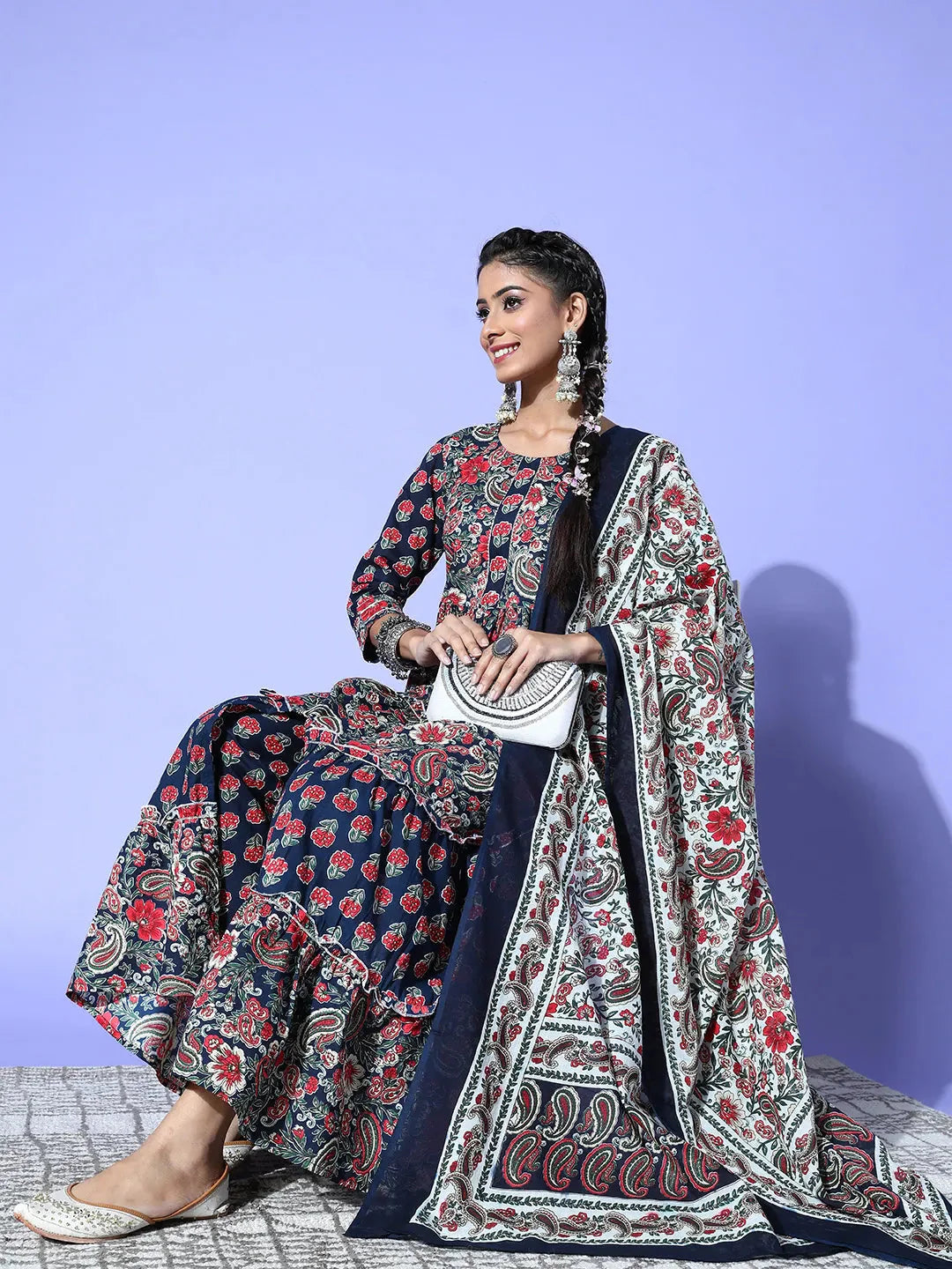 Yufta Navy Blue Printed Cotton Dupatta Set - Distacart