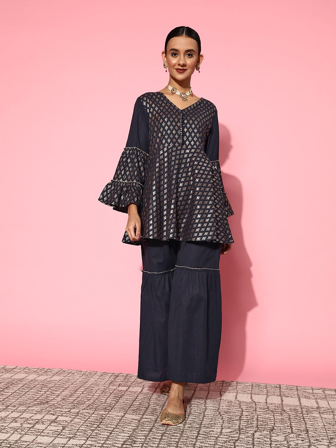 Yufta Navy Blue Printed Kurta & Sharara - Distacart