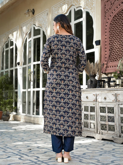 Yufta Navy Blue Printed Zari_Work Kurta Trouser Set - Distacart