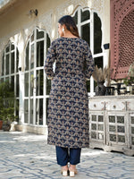 Thumbnail for Yufta Navy Blue Printed Zari_Work Kurta Trouser Set