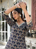 Yufta Navy Blue Printed Zari_Work Kurta Trouser Set - Distacart