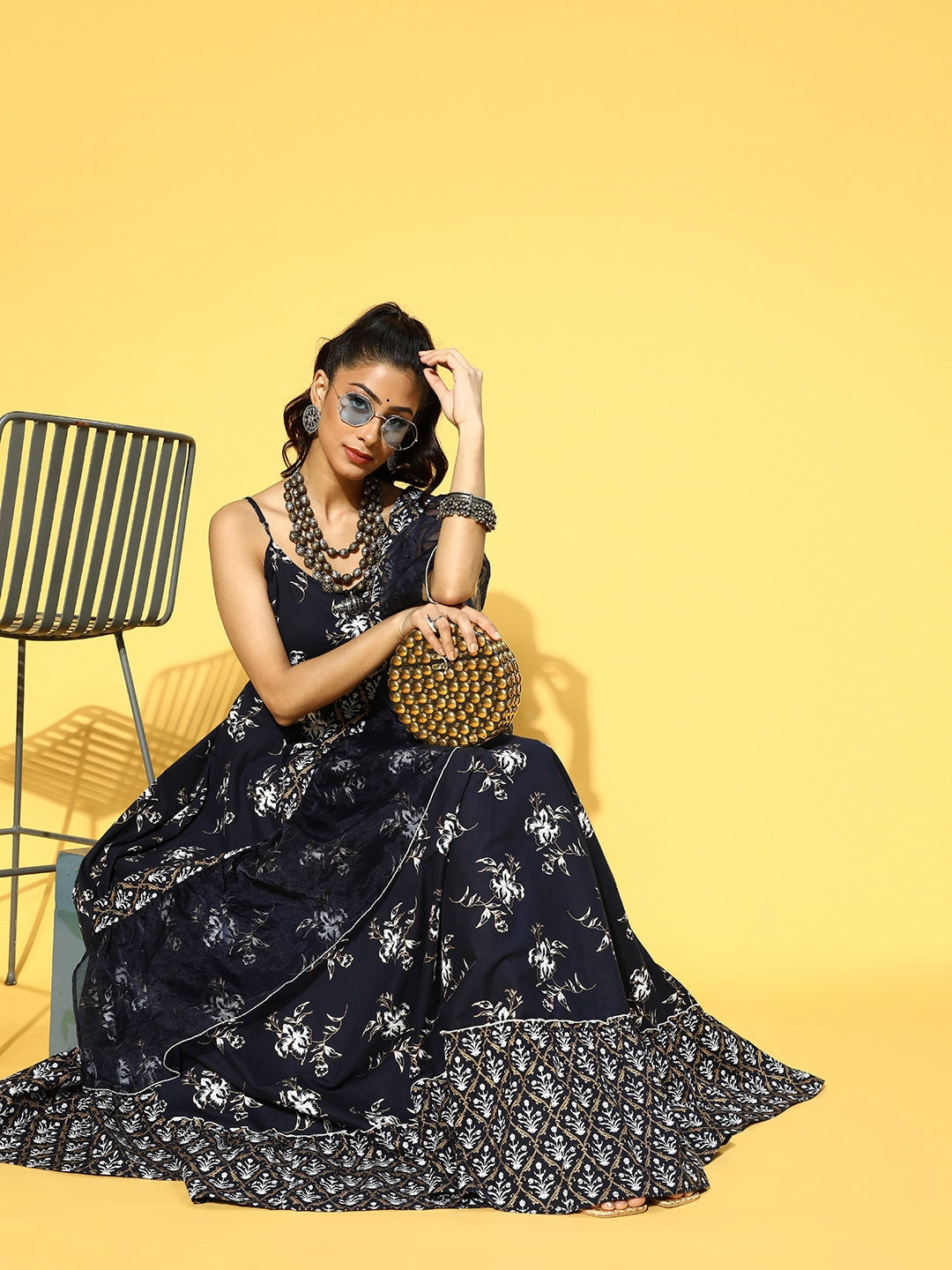 Yufta Navy Blue & White Printed Dress Dupatta - Distacart