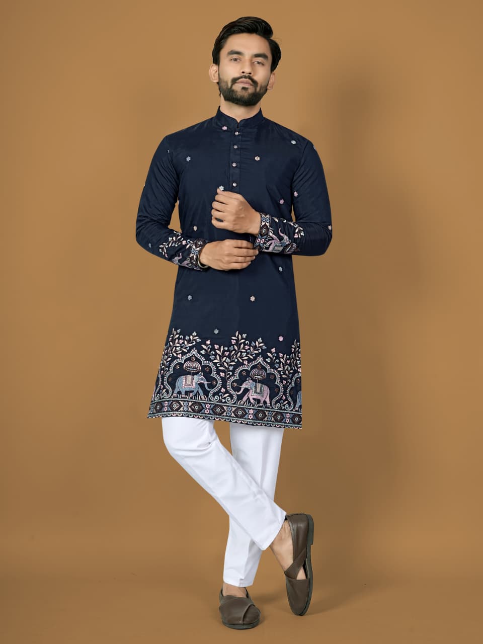 Anaita Navy Embroidery Silk Straight Kurta - Distacart