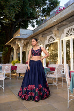Thumbnail for Lorenvalley Navy Blue Tussar Silk Floral Print With Foil Work Lehenga Choli with Dupatta - Distacart