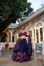 Thumbnail for Lorenvalley Navy Blue Tussar Silk Floral Print With Foil Work Lehenga Choli with Dupatta - Distacart