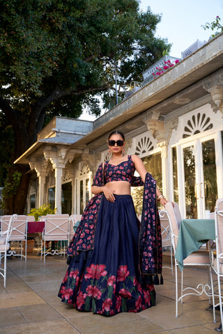 Lorenvalley Navy Blue Tussar Silk Floral Print With Foil Work Lehenga Choli with Dupatta - Distacart