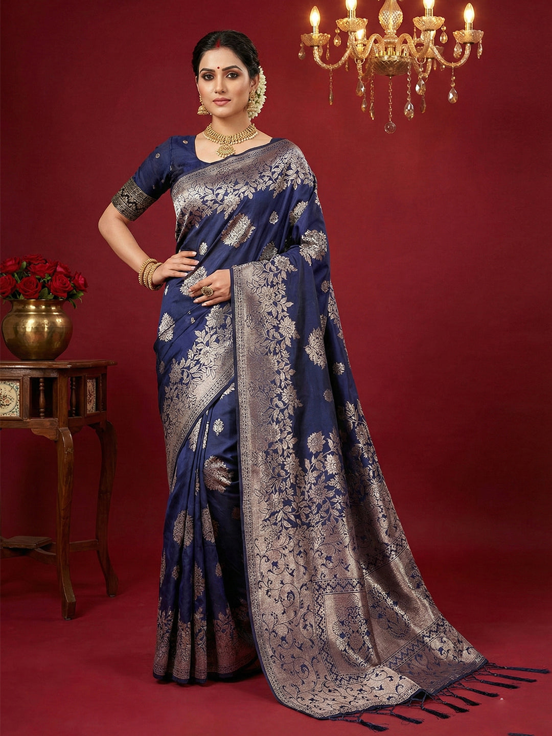 Anaita Navy Silk Blend Woven Saree With Blouse - Distacart