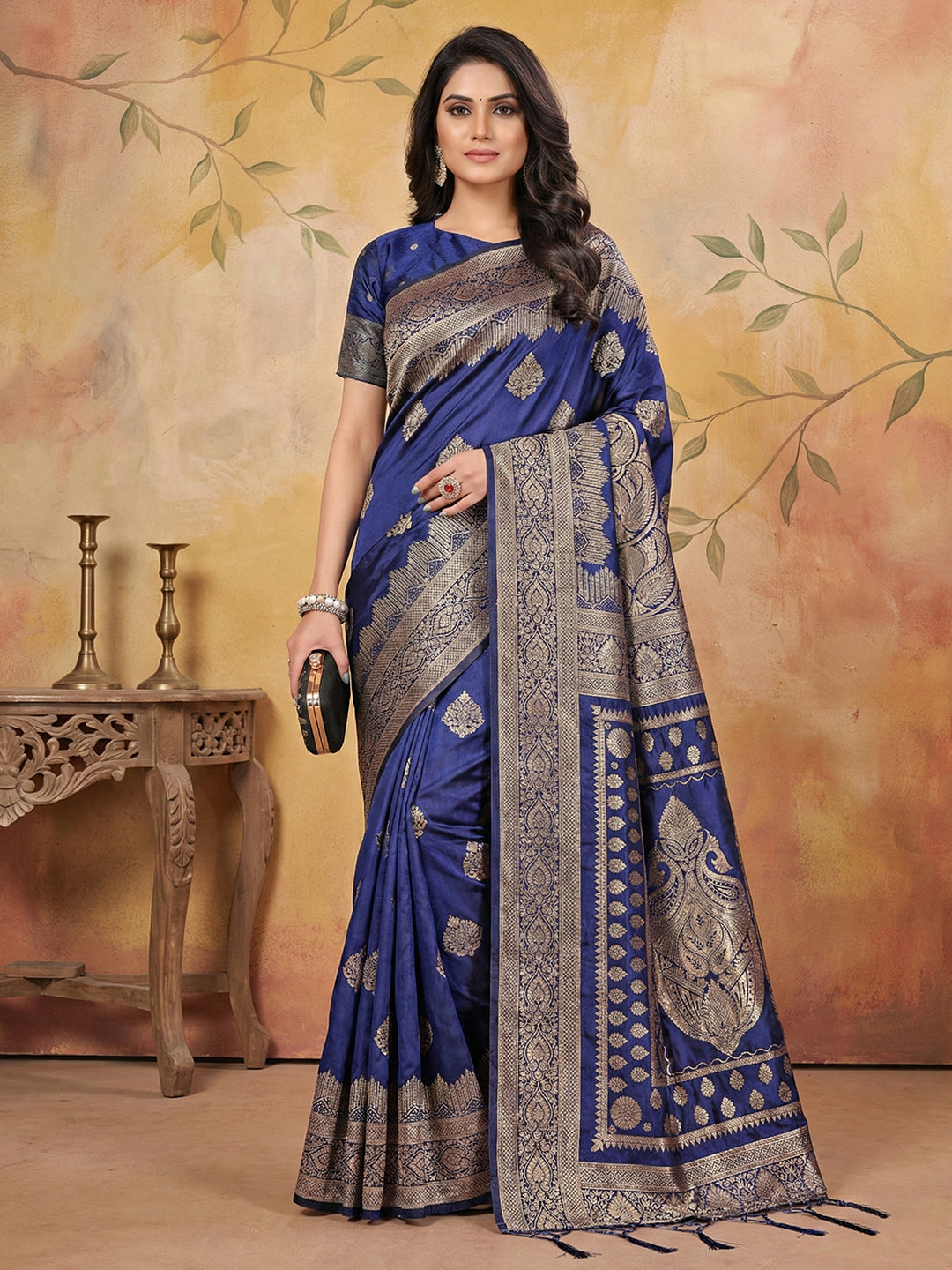 Anaita Navy Silk Blend Woven Saree With Blouse - Distacart