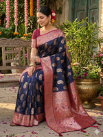 Thumbnail for Anaita Navy Silk Blend Woven Saree With Blouse - Distacart