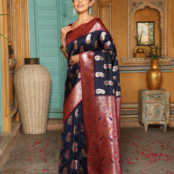 Anaita Navy Silk Woven Saree With Blouse - Distacart