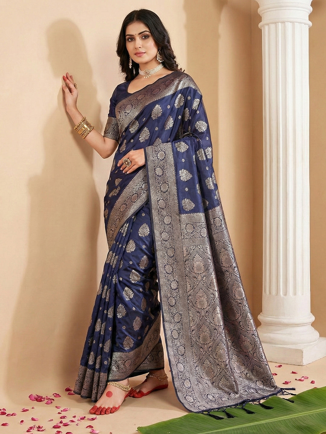 Anaita Navy Silk Blend Woven Saree With Blouse - Distacart
