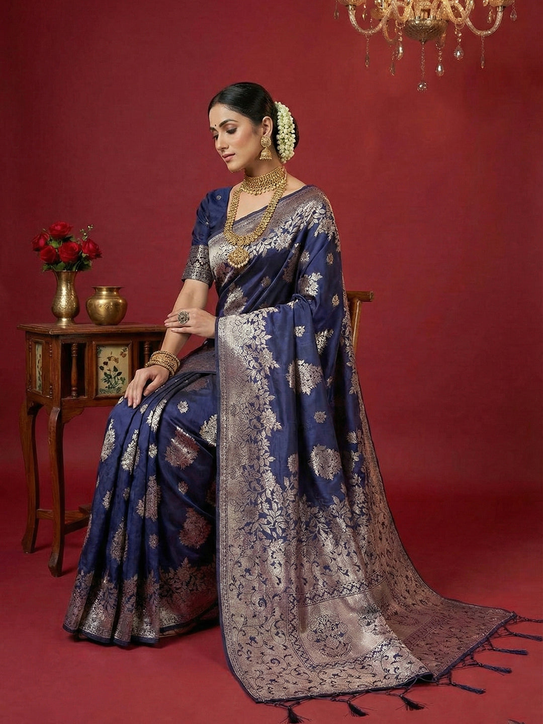 Anaita Navy Silk Blend Woven Saree With Blouse - Distacart