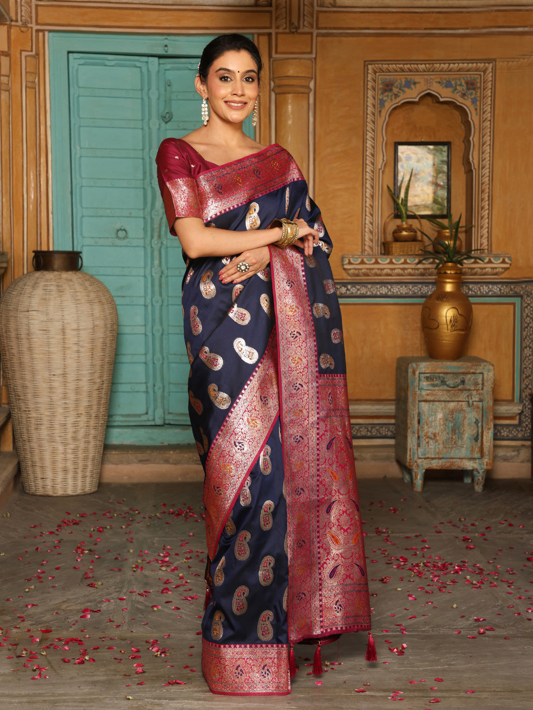 Anaita Navy Silk Woven Saree With Blouse - Distacart