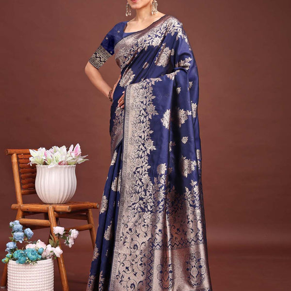 Anaita Navy Banarasi Silk Woven Work Saree With Blouse - Distacart