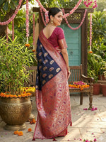 Thumbnail for Anaita Navy Silk Blend Woven Saree With Blouse - Distacart