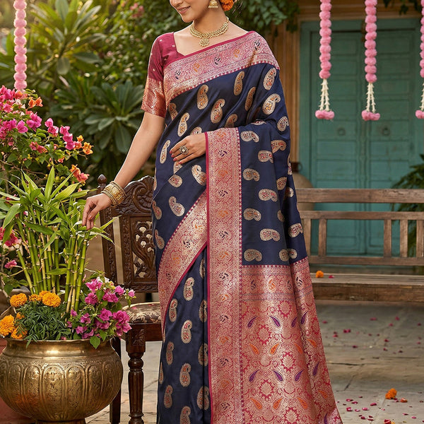 Anaita Navy Silk Blend Woven Saree With Blouse - Distacart