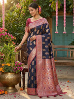 Thumbnail for Anaita Navy Silk Blend Woven Saree With Blouse - Distacart