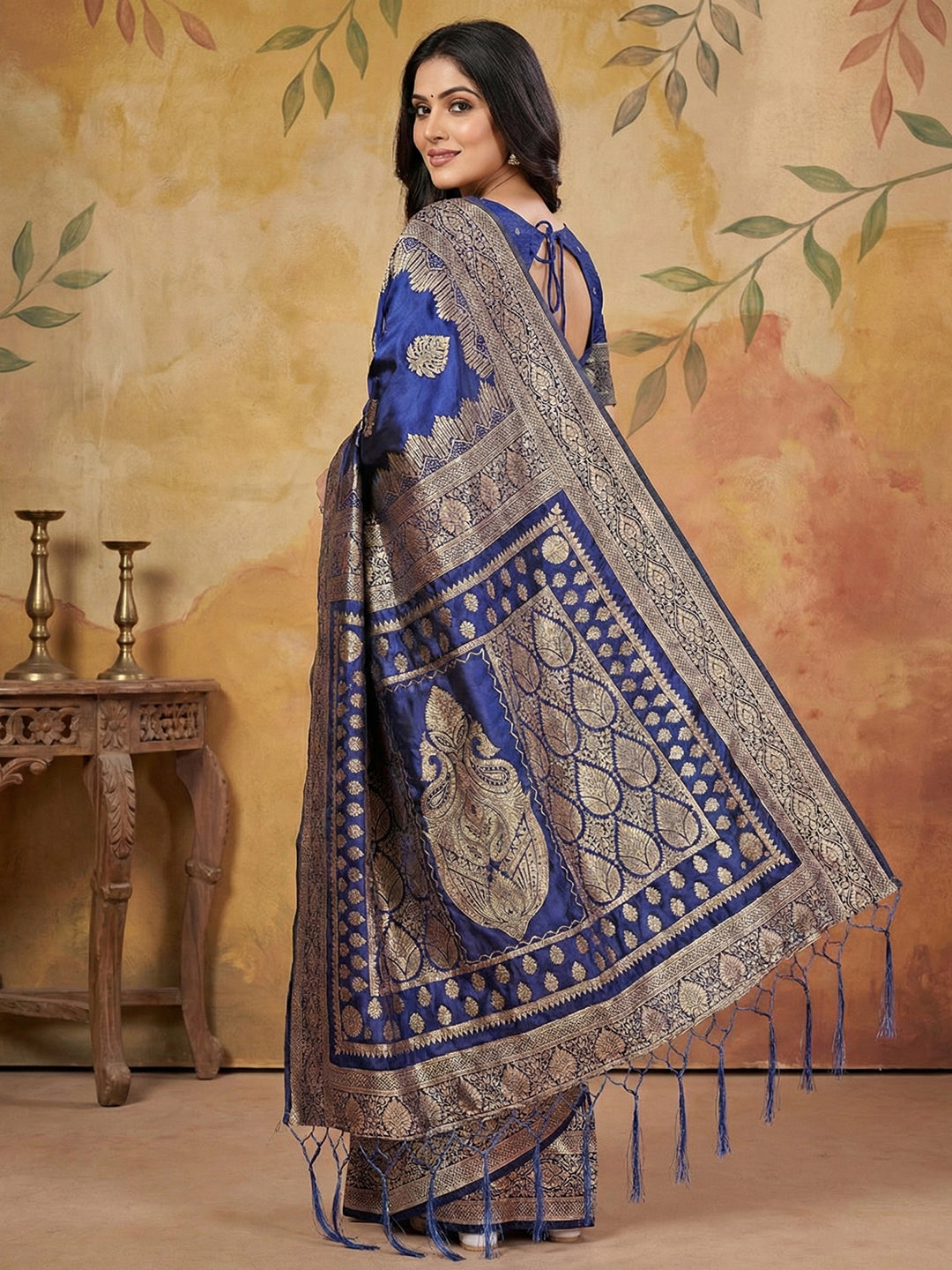 Anaita Navy Silk Blend Woven Saree With Blouse - Distacart