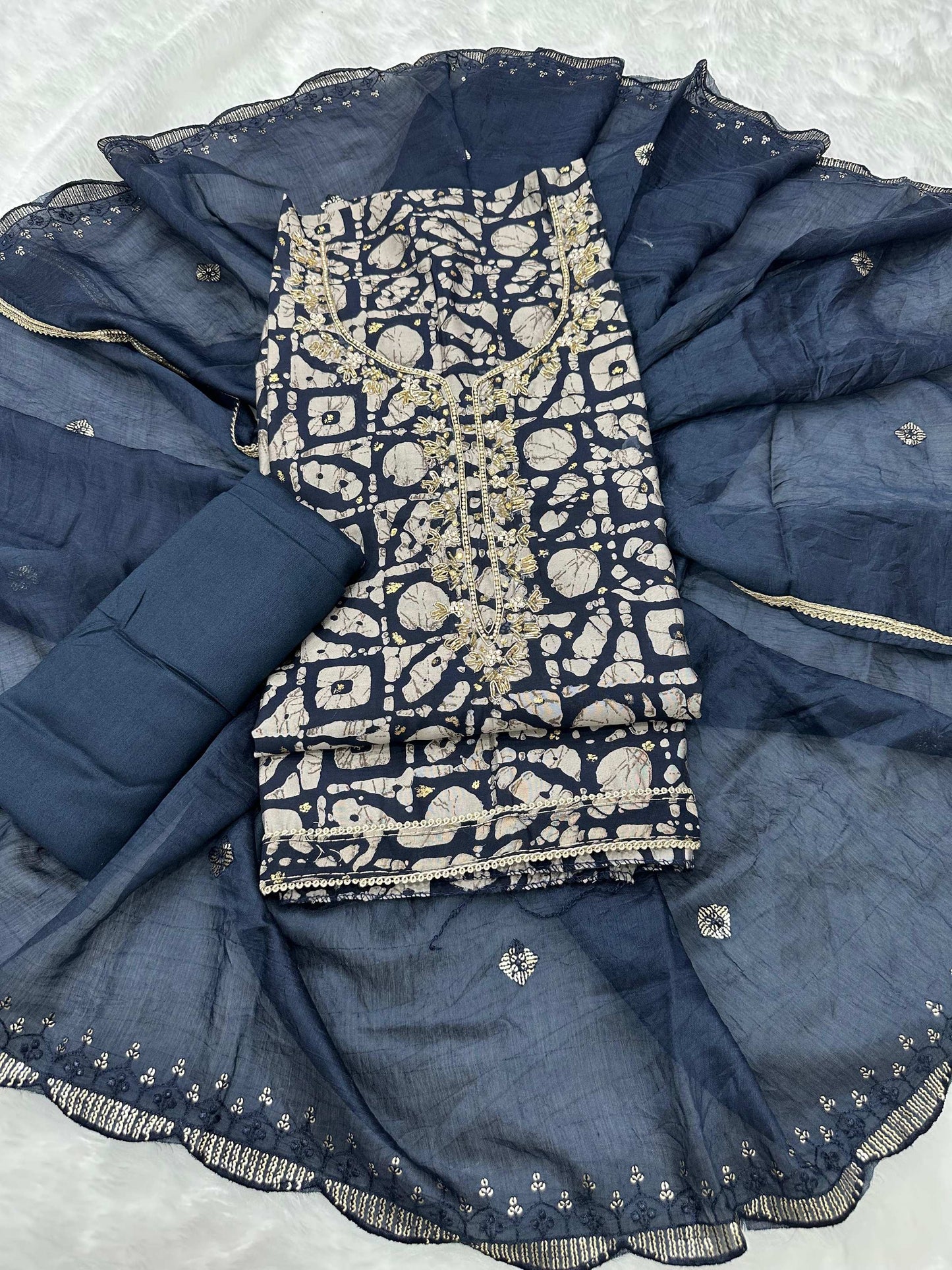 Anaita Navy Silk Unstitched Suit with Printed & Khatli Work - Dista