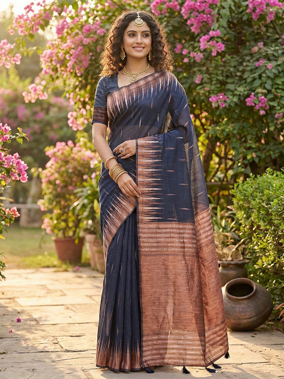 Anaita Navy Linen Woven Work Saree With Blouse - Distacart