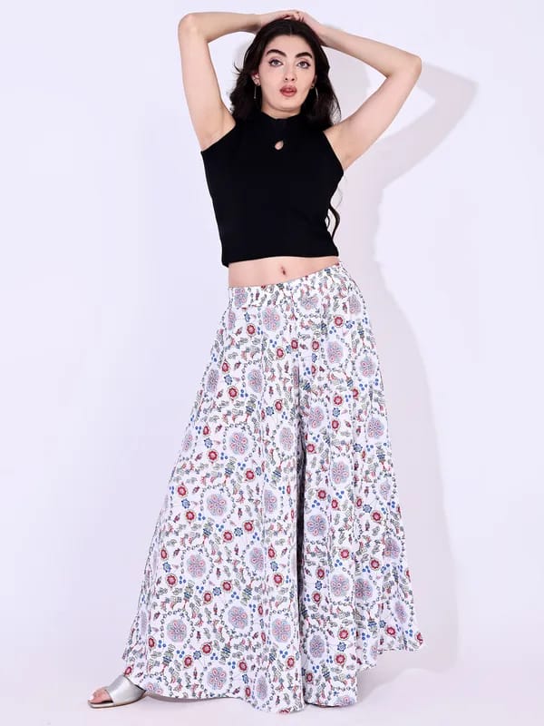 White Crepe Ankle Length Palazzo - Hiral Fashion
