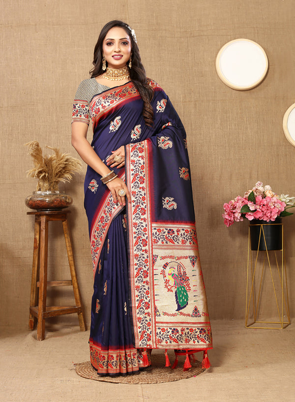 Lorenvalley Fashion Navyblue Soft Paithani Silk Woven Design Rich Meenakari Zari Weaving Pallu Saree - Distacart